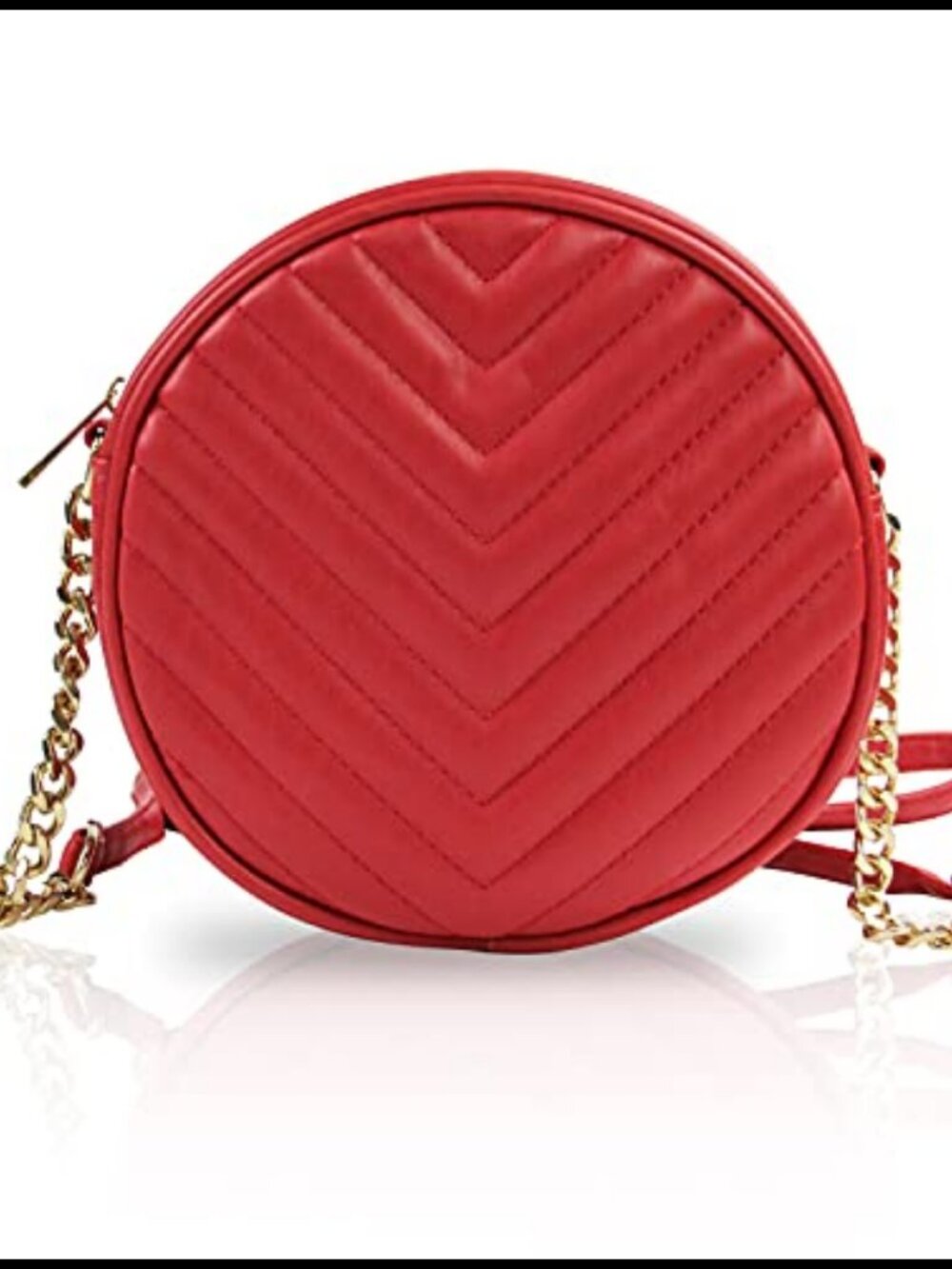 Round Crossbody Bag PU Leather with Metal Chain Strap & Zipper